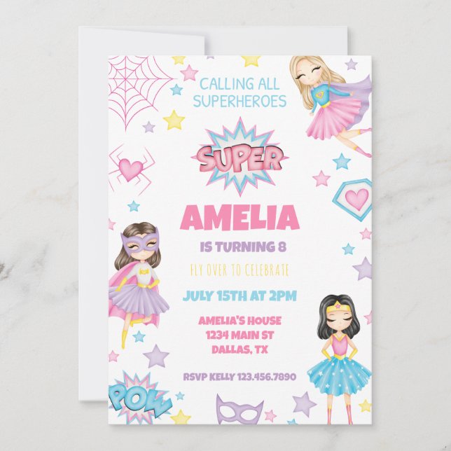 Girl Pink Superhero Einladung zum Geburtstag (Vorderseite)