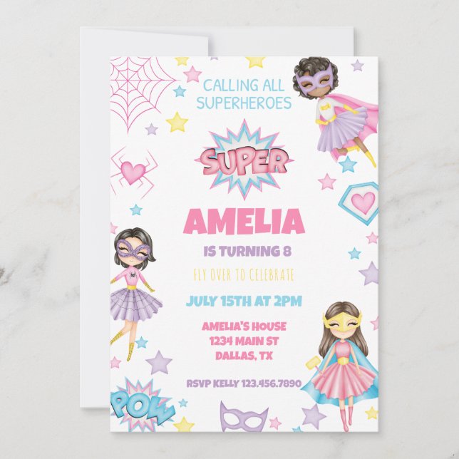 Girl Pink Superhero Einladung zum Geburtstag (Vorderseite)