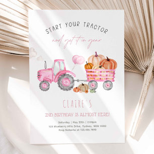 Girl Pink Tractor & Pumpkins Geburtstagsparty Einladung