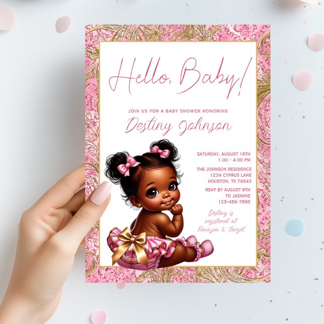 Girl Pink und Gold "Hello Baby" Kinderdusche Einladung (Adorable pink and gold baby girl shower invitation. Simply add your event details.)