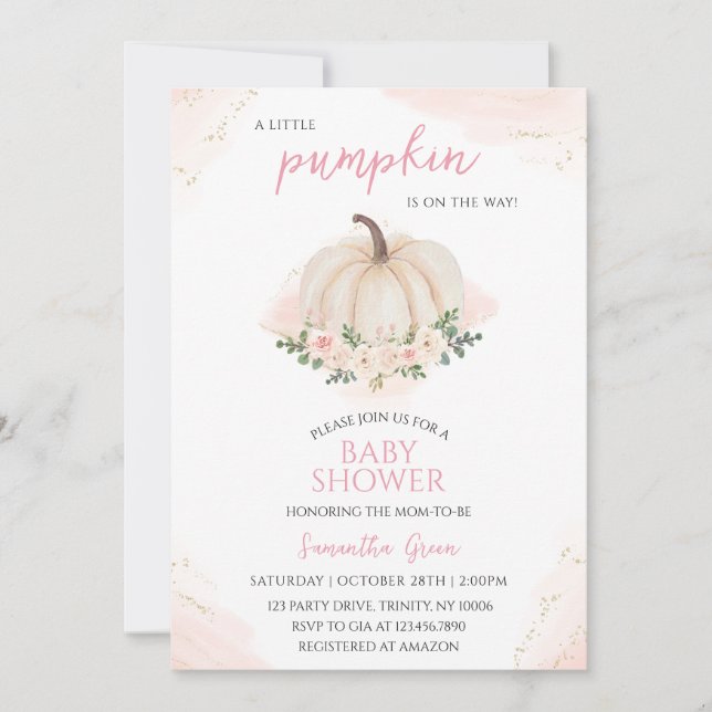 Girl Pink und Gold Pumpkin Baby Dusche Einladung (Vorderseite)