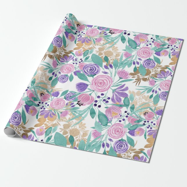 Girl Pink Violet Lila Gold Aquarellfarben Blume Geschenkpapier (Ungerollt)