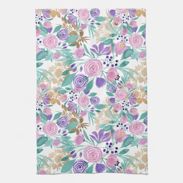 Girl Pink Violet Lila Gold Aquarellfarben Blume Geschirrtuch (Vertikal)