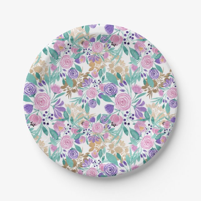 Girl Pink Violet Lila Gold Aquarellfarben Blume Pappteller (Vorderseite)