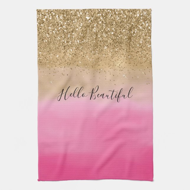 Girl Pink Watercolor Gold Glitzer Geschirrtuch (Vertikal)