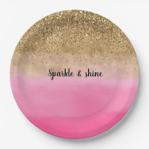 Girl Pink Watercolor Gold Glitzer Pappteller