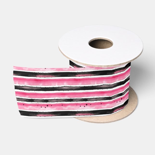 Girl Pink White Black Stripes Satinband (Spule)