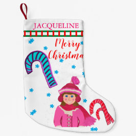 Girl Pink White Hat Candy Canes Weihnachtsbaum Kleiner Weihnachtsstrumpf