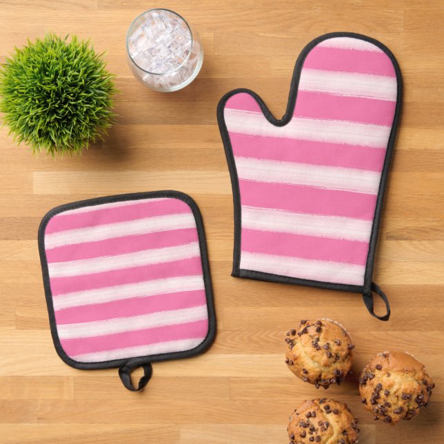 Girl Pink White Stripes Ofenhandschuh & Topflappen-Set (Oben Unten)
