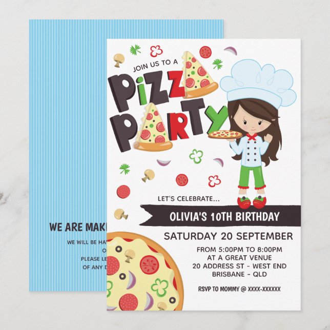 Girl Pizza Party Geburtstag Einladung (Vorne/Hinten)