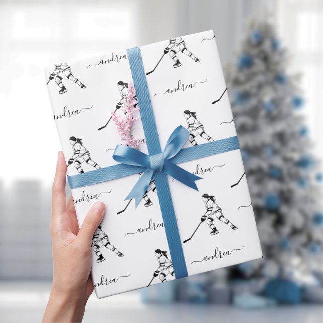 Girl Playing Ice Hockey Team Spieler Mädchenname Geschenkpapier (Von Creator hochgeladen)