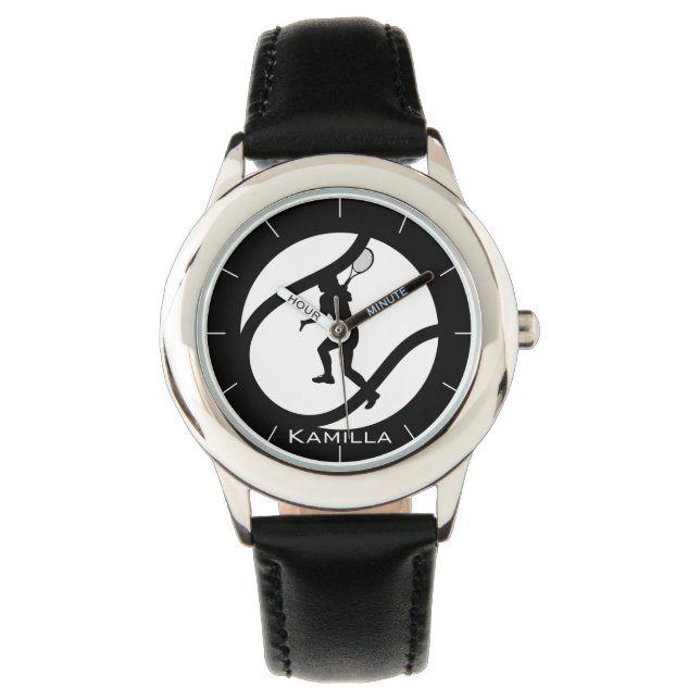 Girl Playing Tennis Personalisiert Black & White Armbanduhr (Vorderseite)
