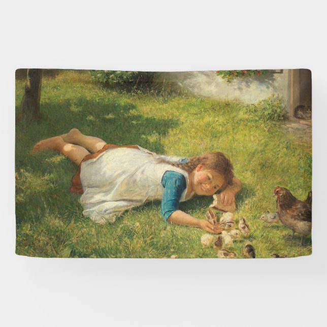 Girl Playing with Chicks (Hen und Huhn) Banner (Horizontal)