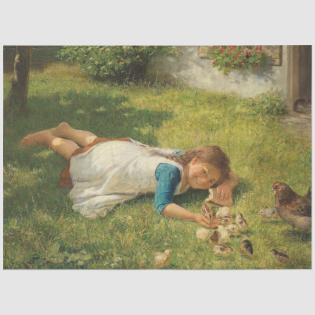 Girl Playing with Chicks (Hen und Huhn) Seidenpapier (Vorderseite)