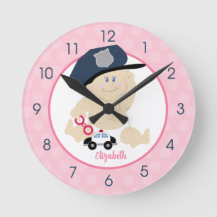 Girl Police Officer Baby Polizist Pink Runde Wanduhr