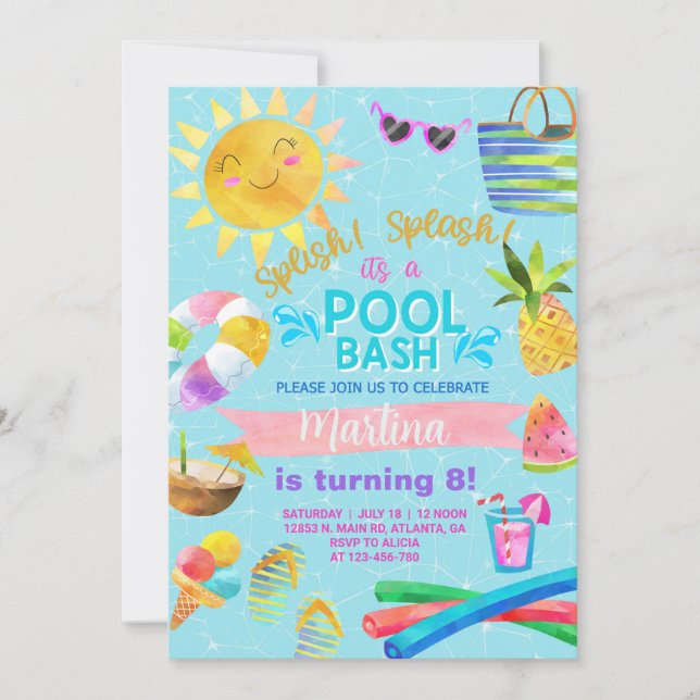 Girl Pool Party, Poolbash Sommereinladung. invi Einladung (Vorderseite)