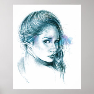 Girl-Portrait Bleistift zeichnend Kunst Blau Poster