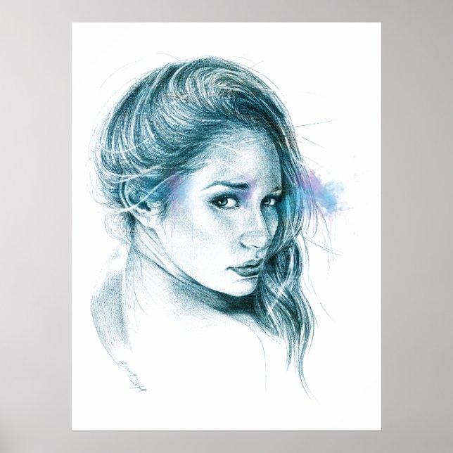 Girl-Portrait Bleistift zeichnend Kunst Blau Poster (Vorne)