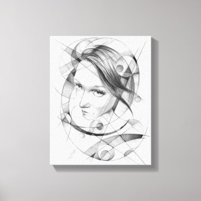 Girl-Portrait Zeichnend Art Geometric Circles Line Leinwanddruck (Vorderseite)