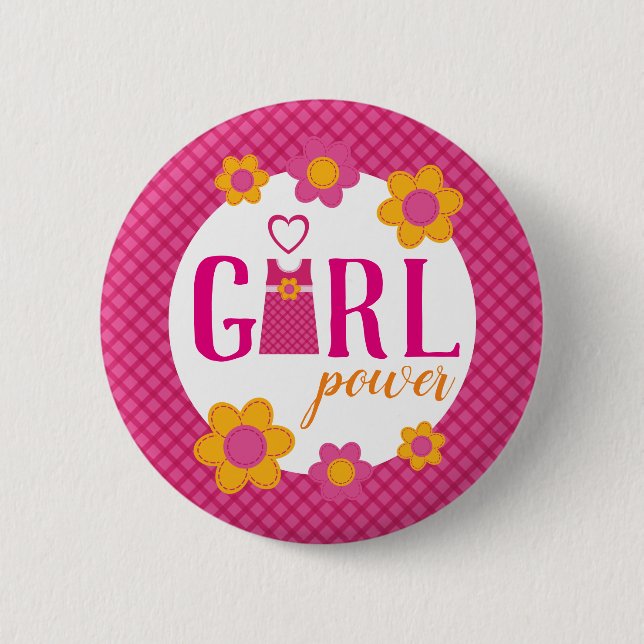 Girl-Power, rosa kariertes Blumenfederdesign Button (Vorderseite)