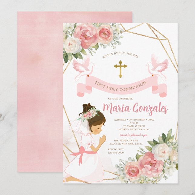 Girl Praying Gold Erste heilige Kommune Pink Flora Einladung (Vorne/Hinten)