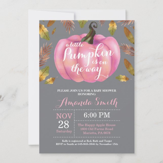 Girl Pumpkin Fall Baby Dusche Rosa und Gary Einladung (Vorderseite)