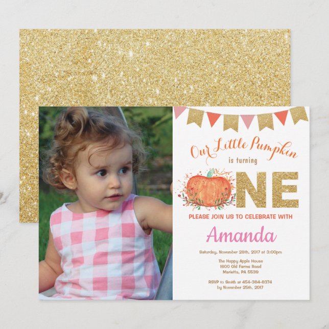 Girl Pumpkin Fall Birthday Invitation Gold Glitter Einladung (Vorne/Hinten)