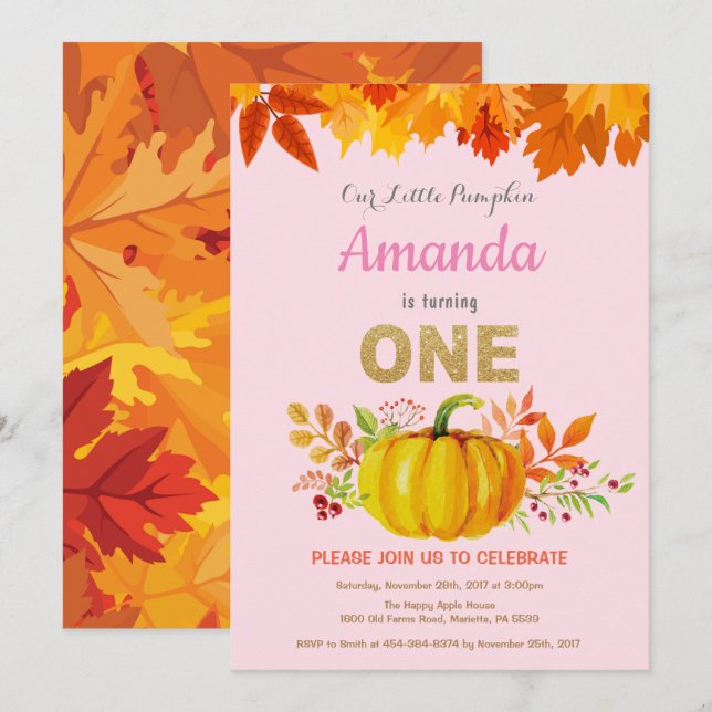 Girl Pumpkin Fall First Birthday Gold Glitzer Einladung (Vorne/Hinten)