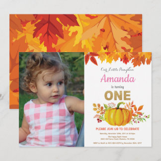 Girl Pumpkin Fall First Birthday Gold Glitzer Einladung