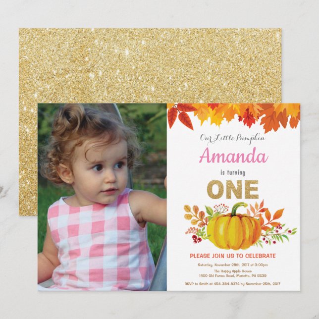 Girl Pumpkin Fall First Birthday Gold Glitzer Einladung (Vorne/Hinten)