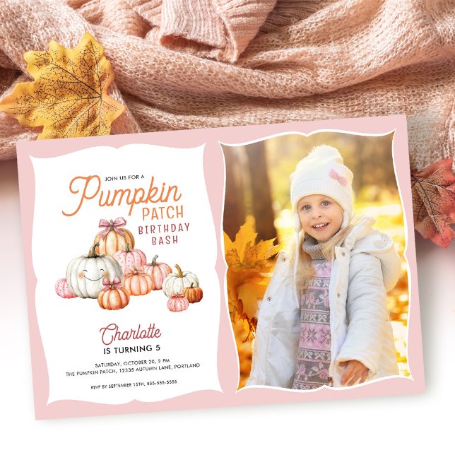 Girl Pumpkin Patch Bows Foto Birthday Party Einladung (Von Creator hochgeladen)