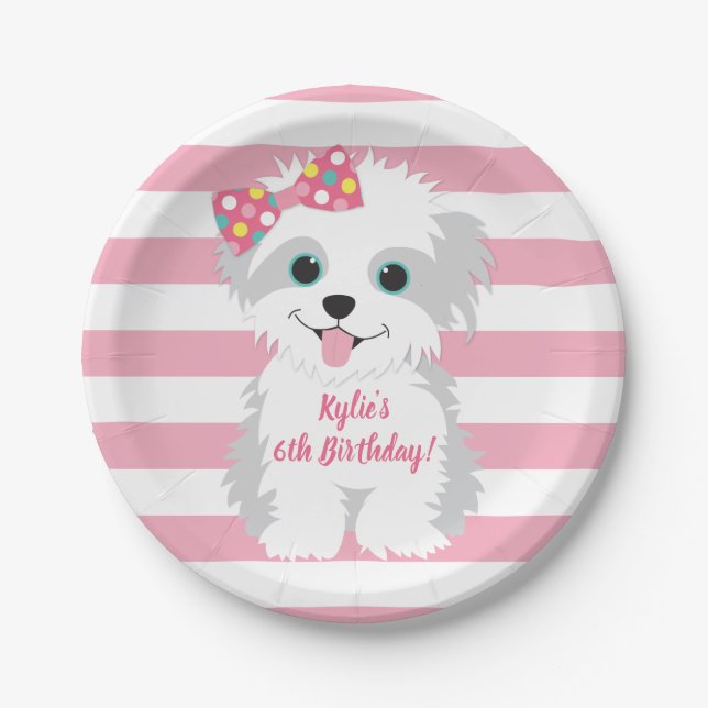 Girl Puppy Birthday Party Pappteller (Vorderseite)