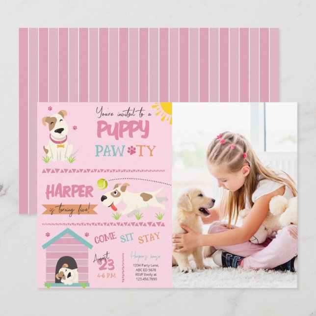 Girl Puppy Birthday Pawty Foto Einladung (Vorne/Hinten)