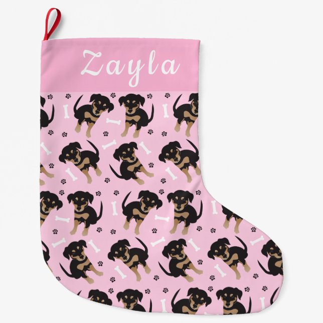Girl Puppy Pattern Pink Großer Weihnachtsstrumpf (Vorderseite)
