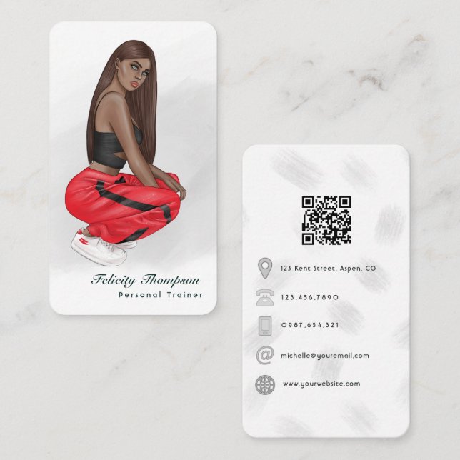 Girl QR-Code für Fitness von Schwarzen Visitenkarte (Vorne/Hinten)