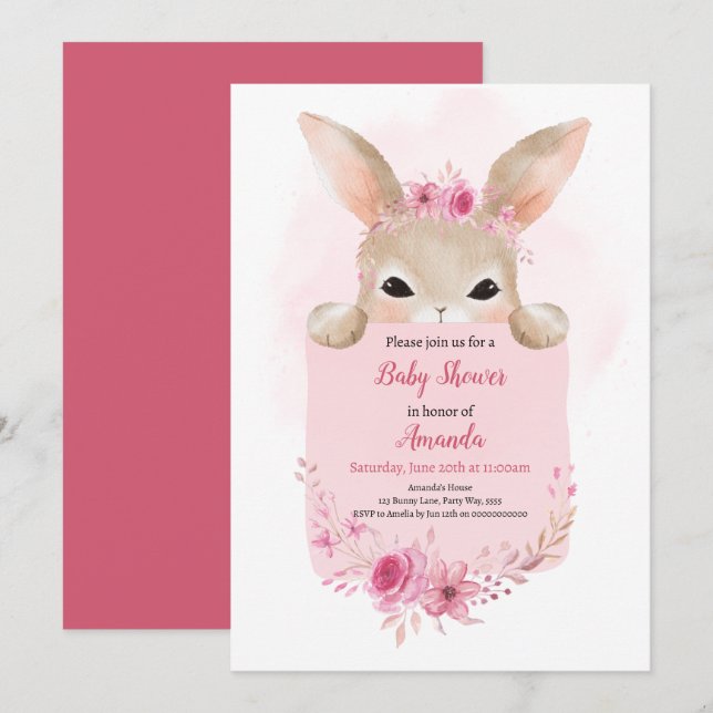 Girl Rabbit Baby Dusche Pink Boho Rabbit Floral Einladung (Vorne/Hinten)