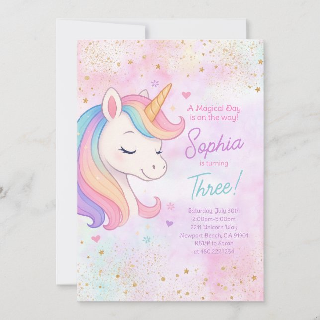Girl Rainbow Unicorn Invitation de fête d'annivers (Devant)