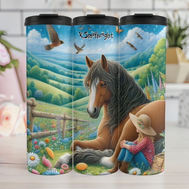 Girl-Rast mit einem sanften Riesenpferd in Blume Thermosbecher (Von Creator hochgeladen)