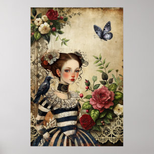 Girl & Raven im Rose Garden Poster