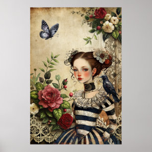 Girl & Raven im Rose Garden Poster