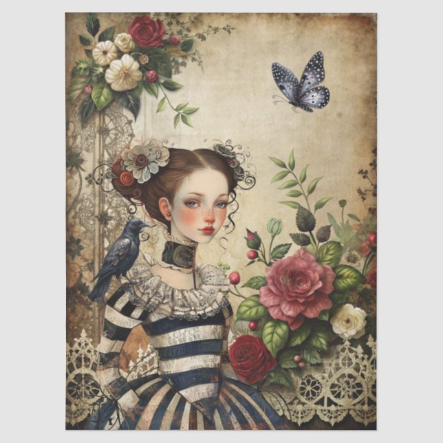 Girl & Raven im Rose Garden Seidenpapier (Vorderseite)