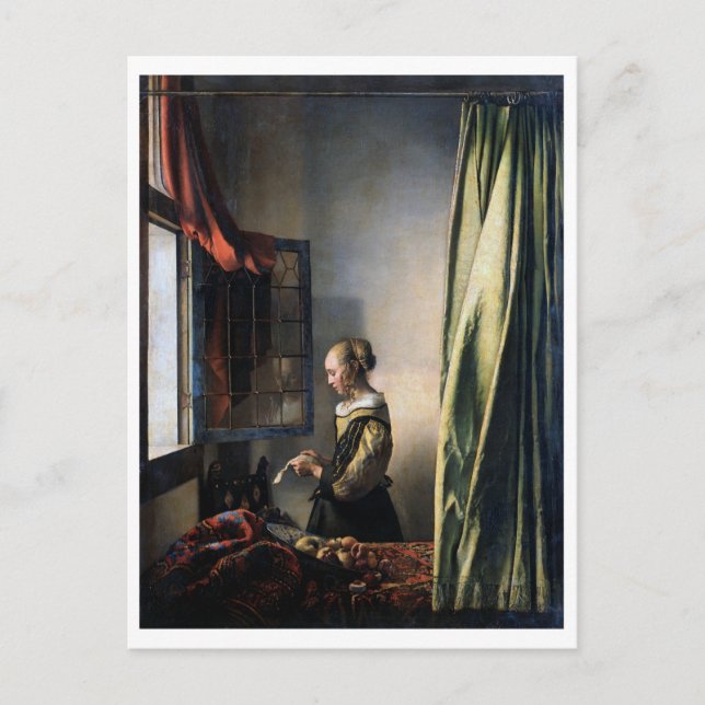 Girl Reading a Letter at a Open Window, Vermeer Postkarte (Vorderseite)