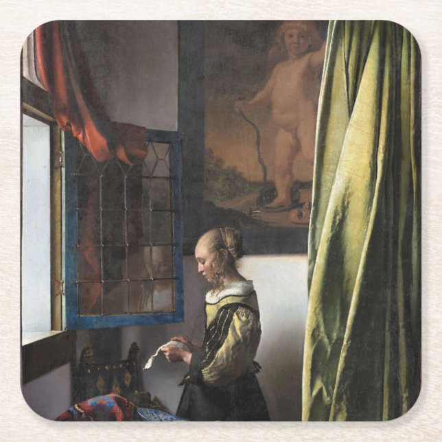 Girl Reading a Letter at a Open Window, Vermeer Rechteckiger Pappuntersetzer (Vorderseite)