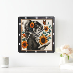 Girl Reading Sonnenblumen Butterfly Quadratische Wanduhr