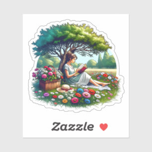 Girl Reading unter einem Baum umgeben von Blume Aufkleber