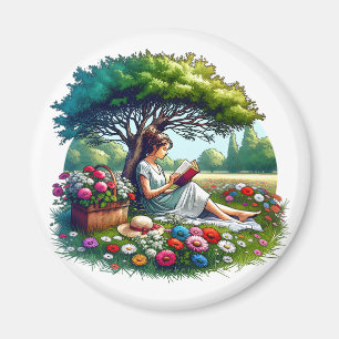 Girl Reading unter einem Baum umgeben von Blume Magnet