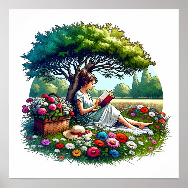 Girl Reading unter einem Baum umgeben von Blume Poster (Vorne)