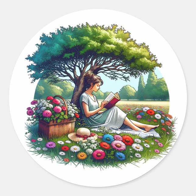 Girl Reading unter einem Baum umgeben von Blume Runder Aufkleber (Vorderseite)