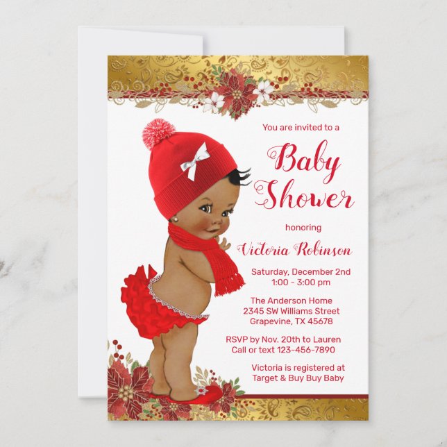 Girl Red Gold Christmas Baby Showafrikanerin Einladung (Vorderseite)