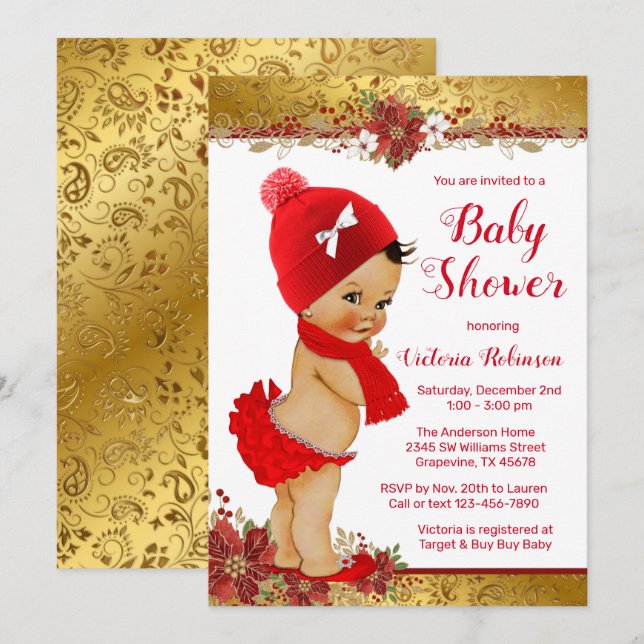 Girl Red Gold Christmas Baby Shower Ethnic Einladung (Vorne/Hinten)